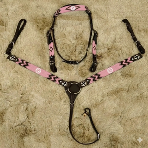 Ensemble de harnais de cheval de style occidental en cuir avec collier de poitrine, orné de conchos perlés, réglable, pour l'équitation - Product Image 2