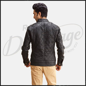 Blouson de motard en cuir matelassé noir de qualité supérieure pour homme, en peau de mouton véritable, coupe ajustée, avec surpiqûres losanges, style mode moto - Product Image 5