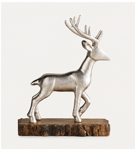 Wholesale Metallic Silver Deer Statue With Solid Wood Stand Contemporary Holiday Reindeer Ornament For Mantel Office Living Room - Product Image 3