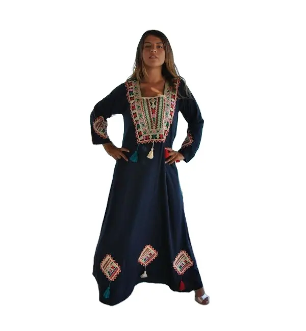 בגדים הודית קיץ שרוול ארוך רקומים bohemian שמלת מקסי רופף מתאים boho חוף שיק החוף כיסוי שמלה