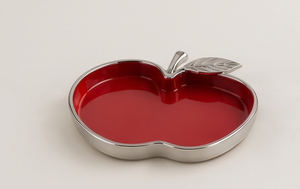 Plateau décoratif en métal émaillé rouge en forme de pomme, fait main, finition argentée, avec tige en forme de feuille, pour clés, fruits, bonbons, ou comme plateau de service. - Product Image 3