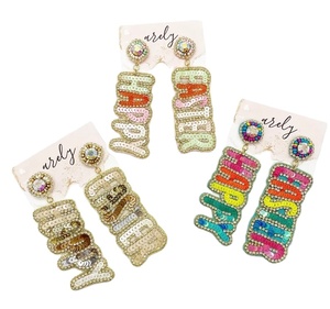 New Stylish Beaded Name Earrings Happy Easter Day Festive <b>Sequin</b> Letter Statement Dangle Earrings for Women and Girls Daily Wear - Product Image 1