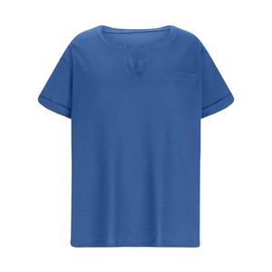 Camiseta de punto tipo gofre para mujer, para todas las estaciones, de manga corta, corte holgado, cuello en V, informal, de color liso, con bolsillo, transpirable - Product Image 1