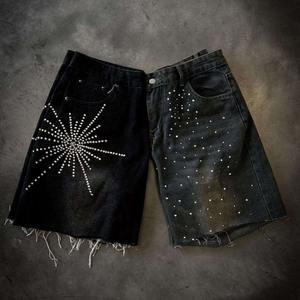 Pantalones Cortos de Mezclilla Desgastados de Estilo Urbano para Hombre, Corte Holgado, Vintage, con Adornos de Diamantes de Imitación - Product Image 3