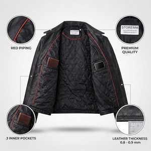 Veste moto en cuir véritable pour homme, col rabattu, fermeture éclair, couleur noire unie, longueur normale, vêtement d'automne - Product Image 6