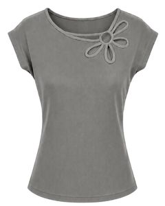 Manufacturer Gray Women Casual Summer Blouse Elegant Flower Neck Short Sleeve Fashion Loose Fit Daily Wear Stylish <b>Top</b> Shirt - Product Image 1