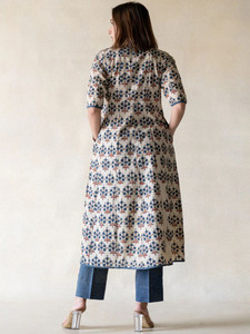 <b>Women</b> Floral Printed Cotton <b>Kurta</b> Trousers Set Regular Fit Knee Length Casual Wear Quick Dry Traditional India Pakistan Design - Product Image 4