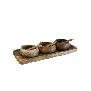 Handcrafted Natural Mango Wood <b>Condiment</b> Set of 3 Serving Bowls with Spoons and <b>Tray</b> Eco-Friendly Wooden Spice Storage for Home - Product Image 6
