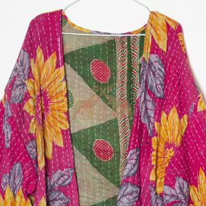 Indian Handmade Kantha Quilt Short <b>Jacket</b> <b>Kimono</b> Women Wear Front Quilted <b>Jacket</b> Sun Flower Block Print Dress Winter - Product Image 2