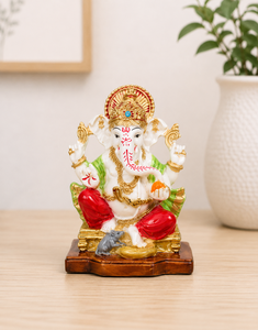Statue artisanale en résine du Dieu Ganesha par Nirmala Handicrafts |   Couronne décorative traditionnelle pour idole de Ganesha, motif souris colorée - Product Image 3
