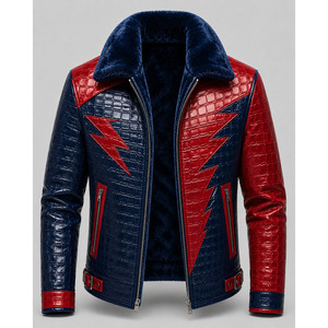Veste en cuir gaufré crocodile rouge et bleu pour homme avec col en fourrure, style motard, coupe-vent, manteau d'hiver, coupe ajustée, fermeture éclair - Product Image 3