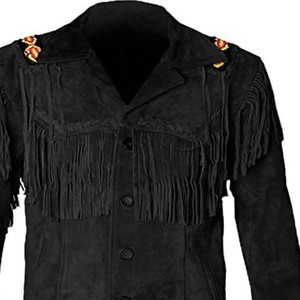 Men's Black Suede <b>Fringe</b> Leather <b>Jacket</b> Vintage Turn-down Collar Regular Fit Winter Wear Custom Wholesale OEM Factory - Product Image 2