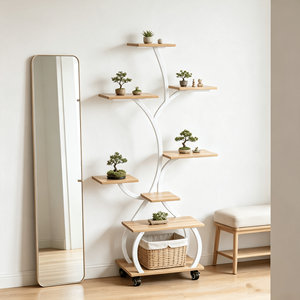 Espositore per Piante a 8 Livelli a Forma di Albero con Luce di Crescita a Spettro Completo, Struttura in Metallo Bianco, Ruote Bloccabili, Ripiano in Legno - Product Image 5