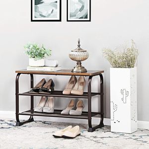 Industrial 3-Tier Shoe Rack <b>Bench</b> with Wood Top and Steel Frame, Entryway Storage Shelf for Hallway and Living Room - Product Image 1