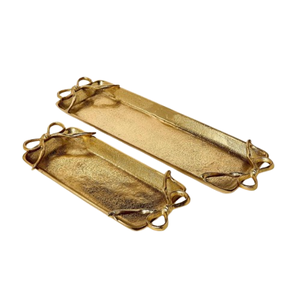 Bandeja de Comida Metálica Creativa con Asa en Forma de Lazo, Bandeja de Servir Ovalada Moderna de Metal Dorado para el Hogar, Hoteles y Cocina - Product Image 1