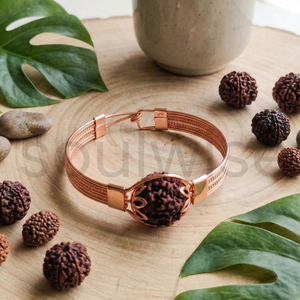 5 Mukhi Rudraksha <b>Copper</b> Openable <b>Bracelet</b> with Pyrite Tiger Eye & Hemetite and Buddha Charm-Unisex Gift for Hinduism - Product Image 6