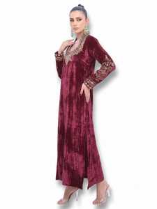 <b>Burgundy</b> <b>Velvet</b> Polyester Abaya Long Sleeve Floor Length Embroidered Sweetheart Neck Modest Islamic <b>Dress</b> Women All Seasons - Product Image 6