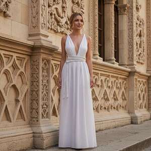 Vestido Maxi de Algodón Blanco Estilo Griego Hecho a Mano con Cinturón de Macramé Trenzado a Mano, Elegante Vestido Fluido sin Mangas con Cuello en V - Product Image 5