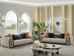 Ensemble de canapés de luxe en teck massif, canapé incurvé moderne en bouclette crème 3+2+1 places, table basse, mobilier de salon pour villa - Product Image 5