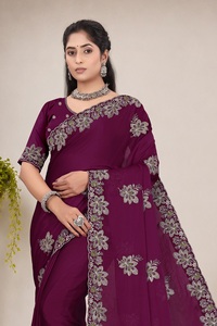 Sari en satin et mousseline de soie pour femme, personnalisable, style indien, broderie Swarovski, design Patola, style traditionnel, pour mariage, par Vexotrend - Product Image 4
