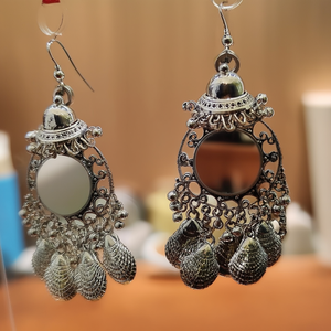 Fashion Drop Earrings in <b>Shell</b> Style with German Silver <b>Mirror</b> Work - Product Image 3