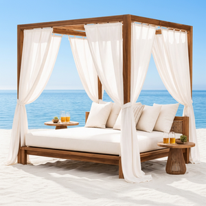 Lit de repos d'extérieur en teck avec rideaux et coussins blancs, style côtier, structure en bois durable - Product Image 5