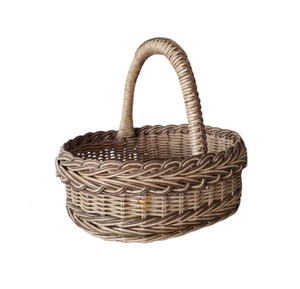 Wholesale Ash Grey Rattan Picnic <b>Basket</b> Oval Shaped Handwoven <b>Wicker</b> <b>Storage</b> Hamper Braided Rim Single Fixed Handle Gathering Bo - Product Image 1