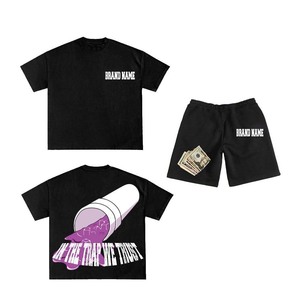 Conjunto de camiseta y pantalones cortos negros para mujer, 260 GSM, algodón y poliéster, estampado con logo personalizado, 100% algodón. - Product Image 5