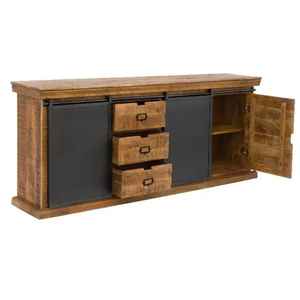 MANGO WOOD SOLID MODULAR DURABLE LONG INDUSTRIAL <b>SIDEBOARD</b> with <b>METAL</b> DOOR SLIDING ROUGH FINISH - Product Image 3
