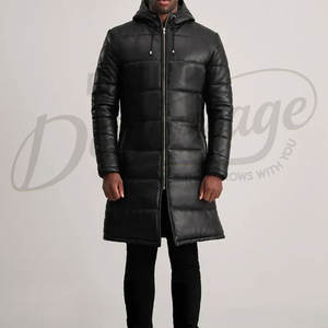Manteau d'hiver matelassé long en similicuir noir pour homme, avec capuche, style parka rembourrée en similicuir de qualité supérieure - Product Image 4