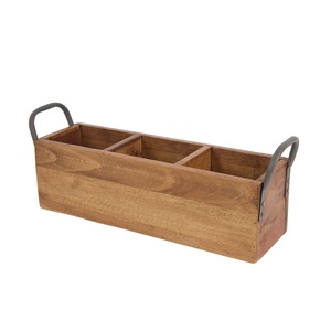 Organisateur de table rectangulaire à 3 compartiments, porte-couverts en bois rustique avec poignées métalliques pour commande en gros - Product Image 1