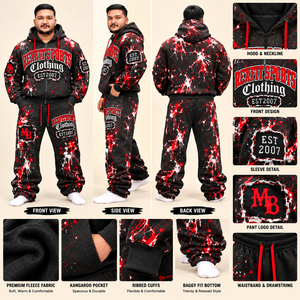 Survêtement noir et rouge premium de REXFITSPORTS, avec sweat à capuche en tissu polaire, poignets côtelés, taille à cordon de serrage et coupe décontractée. - Product Image 1