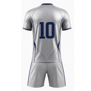 Top selling Silver Soccer Uniform Set Navy Blue Trim Honeycomb Sublimated Football Jersey & Shorts - Product Image 2