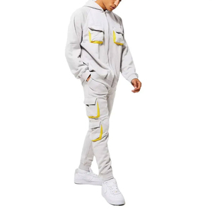Cargo Hoodie Sweatpants Utility Side Pocket Custom Men Two Piece <b>Tracksuit</b> Set With <b>Yellow</b> Accents Full Zipper - Product Image 1
