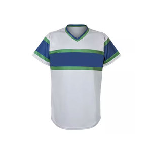 Tenue de baseball adulte sublimée, maillot rayé blanc, bleu, vert à col en V avec pantalon gris en polyester anti-humidité - Product Image 2