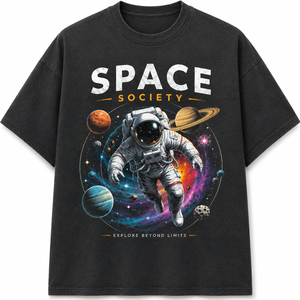 Camiseta Negra de Manga Larga para Hombre con Estampado de Astronauta de Space Society, Cuello Redondo, Corte Holgado, Informal, 100% Algodón Tejido, Estampado por Transferencia de Calor - Product Image 1