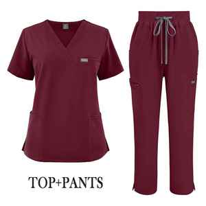 Nouvelle Arrivée 2026 – Tenue Médicale Unisexe NIAAHINN Rouge Vin – Blouse Col V Manches Courtes et Pantalon Droit Extensible – Ensemble Infirmier - Product Image 1