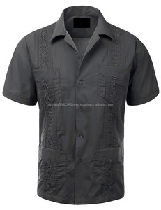 Prix de fabrication bleu saphir Guayabera polos chemise décontracté style cubain coton t-shirts - Product Image 3