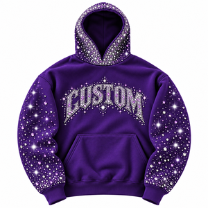 Sweat-shirt à capuche Y2K Glam violet scintillant, streetwear, pull avec accents de cristaux, manches ornées, logo personnalisé, hoodie B2B US - Product Image 1