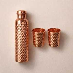 Pure Copper <b>Water</b> <b>Bottle</b> Gift Set with 2 Copper Glasses Hammered Wave Pattern Ayurvedic Drinkware Copper Flask Tumbler Combo - Product Image 4