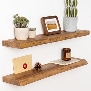 Étagères flottantes en teck recyclé avec bord en verre - Étagère murale en bois artisanale en gros - Product Image 3