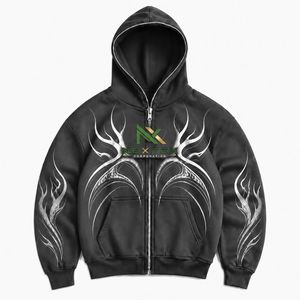 Custom Tribal Flame <b>Zip</b> <b>Up</b> <b>Hoodie</b> Men <b>Y2K</b> Chrome Wing Print Streetwear Jacket - Product Image 5