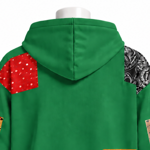 Sudadera con capucha y cremallera completa de patchwork verde, estilo oversized, con estampado de parches, informal, estilo streetwear para hombre. - Product Image 4