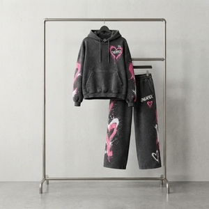 Conjunto Deportivo de Sudadera y Pantalones Anchos con Estampado de Corazón en Grafiti Negro y Rosa para Mujer, Ropa Casual de Calle, Dos Piezas - Product Image 2