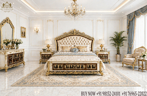 Ensemble de chambre à coucher de luxe en teck blanc doré de style italien, taille standard, hauteur réglable, avec lit en forme de cœur - Product Image 2