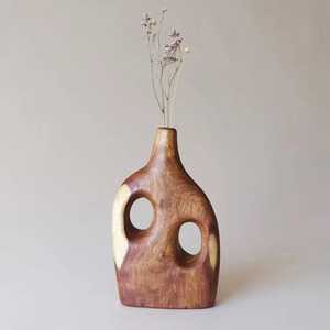 Vase à fleurs rustique en bois brut, pot en bois massif à écorce naturelle, urne en bois sculptée à la main de style vintage, décoration de table de style campagnard, artisanat - Product Image 3