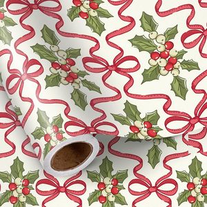 Rotolo di Carta da Regalo Natalizia con Fiocchi Rossi e Design Festivo con Bacche di Agrifoglio, 17 pollici x 16,4 piedi, Confezione Regalo Preimballata per le Feste - Product Image 2
