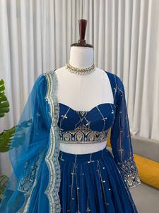 ชุดเลเฮนกา โจลี ปักลายสีน้ำเงิน ผ้าจอร์เจตต์ พร้อมผ้าคลุมไหล่ สำหรับงานแต่งงาน งานเลี้ยง ชุดอินเดีย ปากีสถาน สำหรับผู้หญิง - Product Image 3