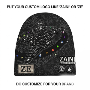 ZAINI Premium 320 GSM Acrylic Knit Black Unisex Character Beanie Cap with Custom Rhinestone Heat Transfer Woven Label Logo - Product Image 2