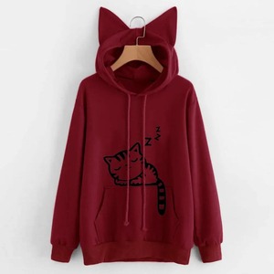 CROWN GATE INTERNATIONAL Sweat-shirt décontracté en coton tricoté respirant avec capuche oreilles de chat pour femme, couleur unie, avec poches, pour l'automne - Product Image 3